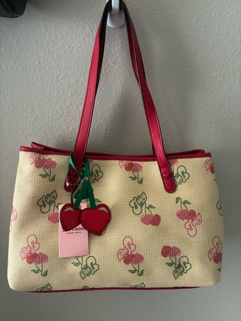 Juicy Couture Cream Weaved Tote with Red Cherry Print and Red Trim